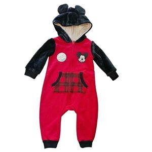 Disney Baby Red and Black Mickey Mouse Zipper Footless One Piece Sz 6/9 Months